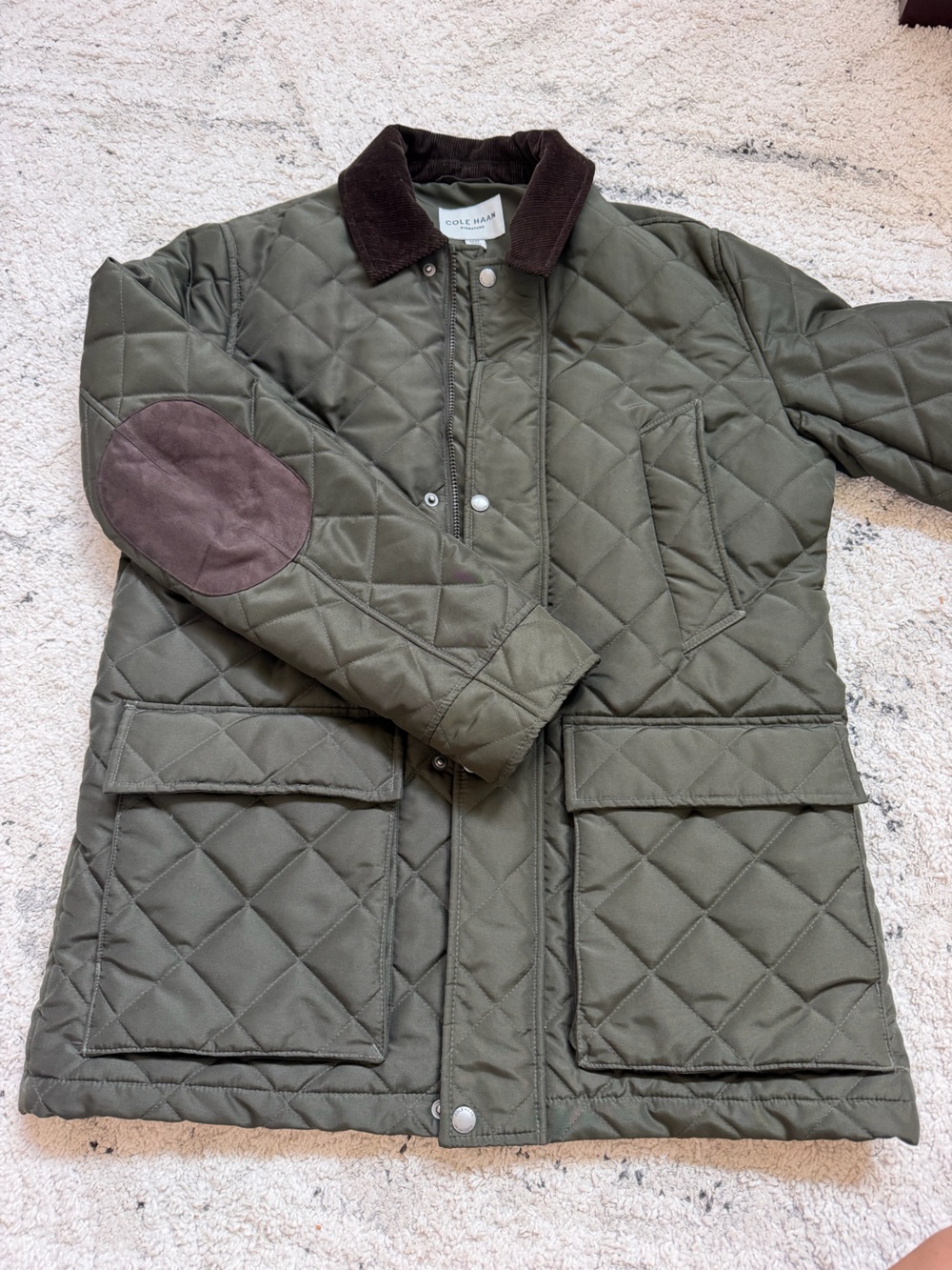 Men's Cole Haan Quilted Field Jacket in Olive with Brown Elbow Patches